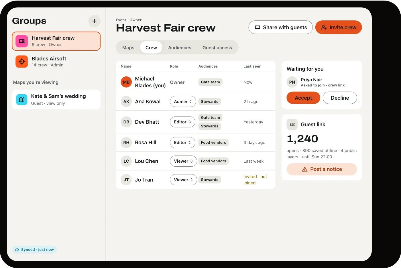 The Harvest Fair crew on iPad: members with their roles and audiences, a join request waiting, and the guest link with 1,240 opens.
