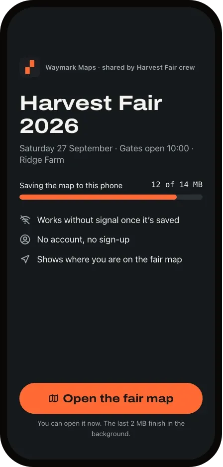 Opening the guest link: “Harvest Fair 2026, Saturday 27 September, gates open 10:00”, saving the map to the phone.